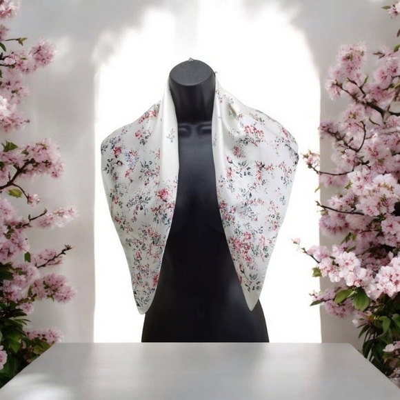 Women's Scarf Cream Red Floral Spring Scarf 27"/27" Square Polyester - Picture 10 of 10